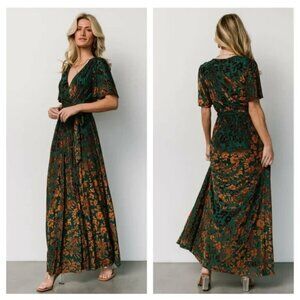Baltic Born Uma Velvet Maxi Dress Womens L Bronze Jade Floral Burnout Mesh Slit
